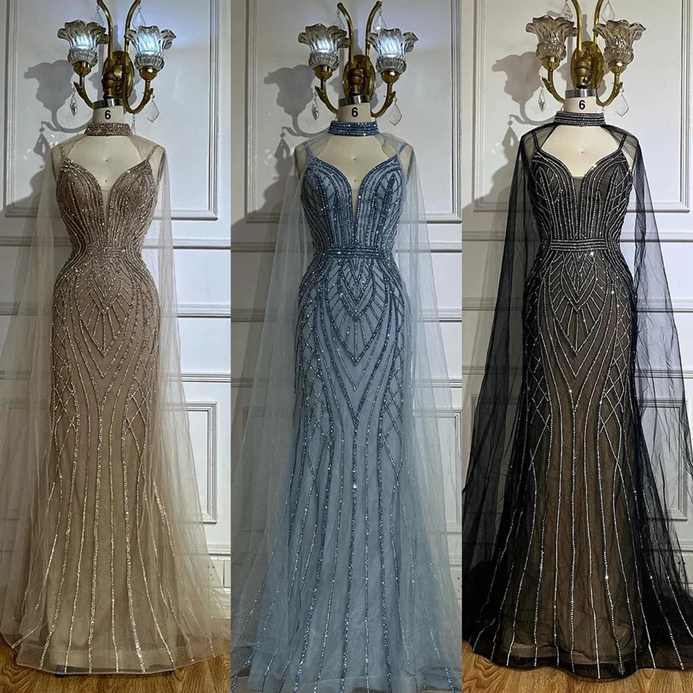 Zapdress 2025 Customized Dubai Caramel Mermaid Arabic Evening Dresses with Beaded Cape Sleeves for Party (ZD17351)