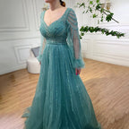 Zapdress Customized Navy Long Sleeves A-Line Beaded Arabic Evening Dresses Gowns 2024 For Women Wedding Party (ZD17328)