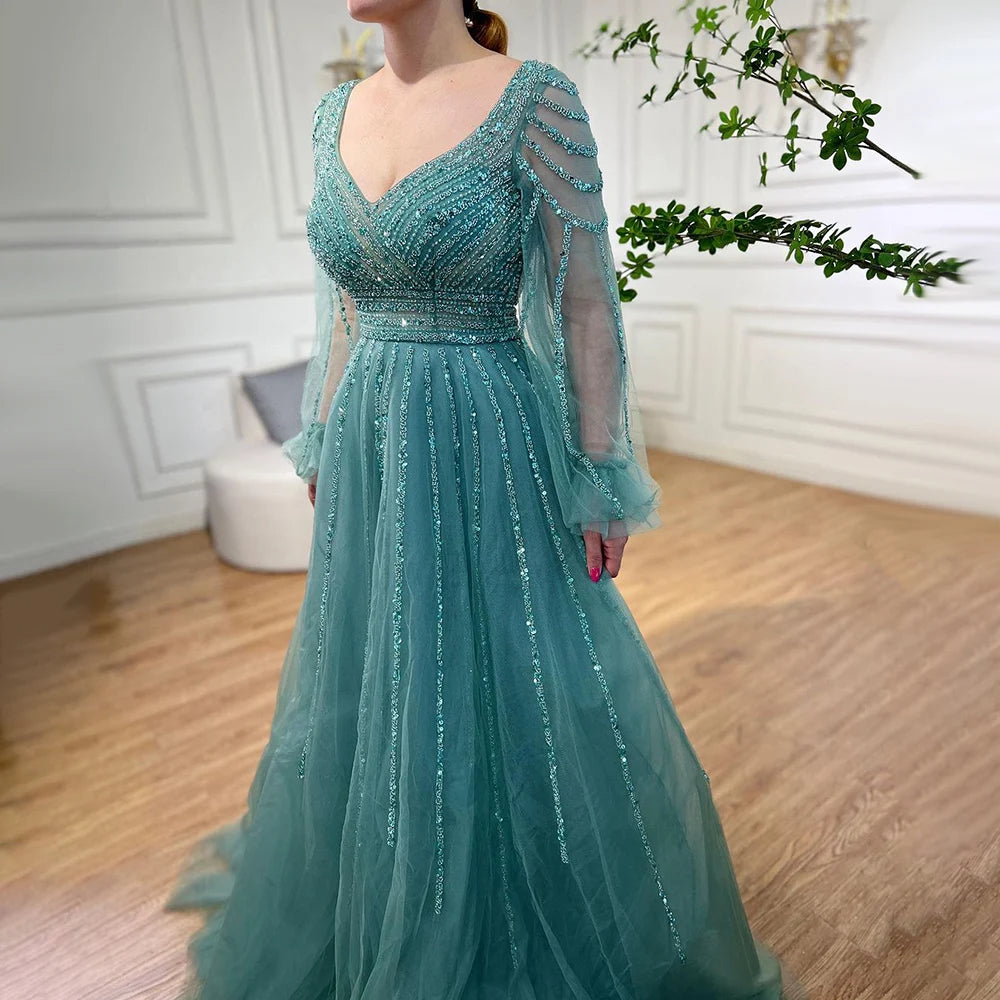 Zapdress Customized Navy Long Sleeves A-Line Beaded Arabic Evening Dresses Gowns 2024 For Women Wedding Party (ZD17328)