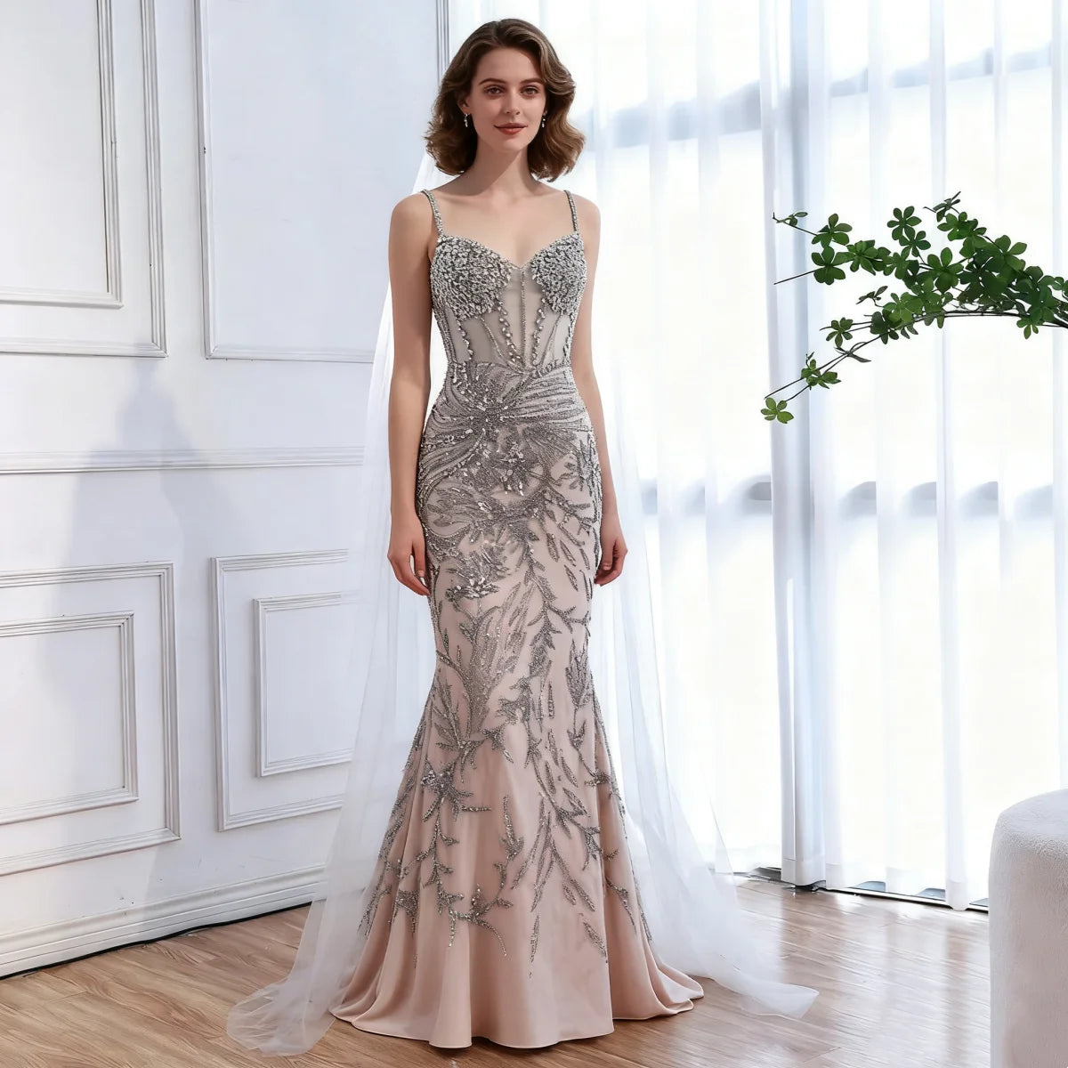 Zapdress Silver Nude Mermaid Beaded Evening Dress with Cape DLA73342 Wedding Party Gowns for Women 2026 Customized (ZD17344)