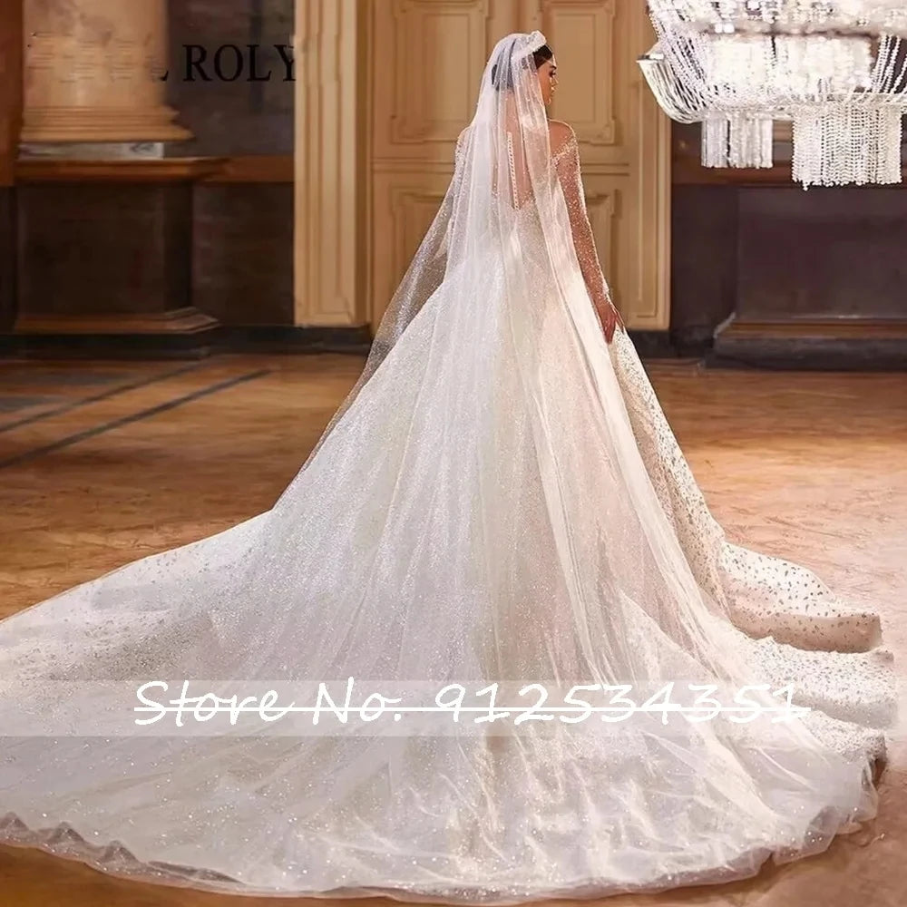 Vestidos De Novia Shining Long Sleeve Ball Gown Wedding Dress Beading Tulle Luxury Hochzeitskleid Button Back Gorgeous Trouwjurk