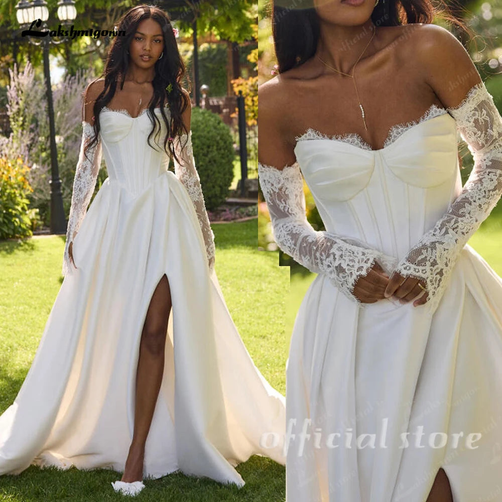 ZapDress A Line Satin Wedding Dress 2026 New Off the Shoulder Lace Long Sleeves Wedding Gown Corset Bridal Dress Customized