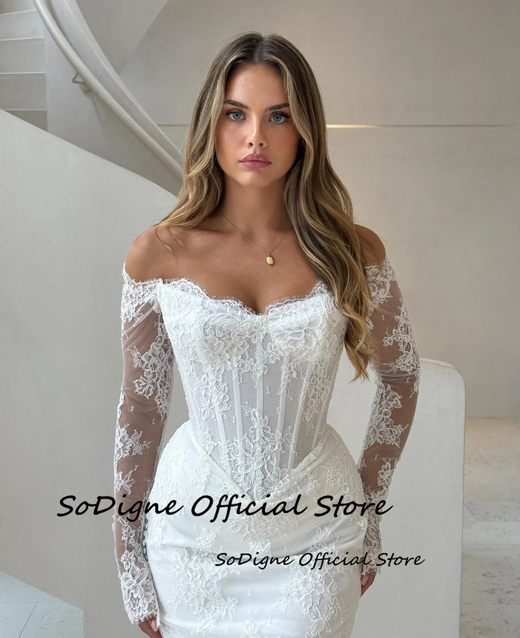 SoDigne Mermaid Lace Wedding Dress Off Shoulder Long Sleeves Bride Dresses Long Bridal Gowns Vestidos De Novia Customized