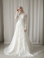 Customized Luxury Long Sleeve Wedding Dress Lace Appliques A-line Chapel Train Brides Dress for Wedding