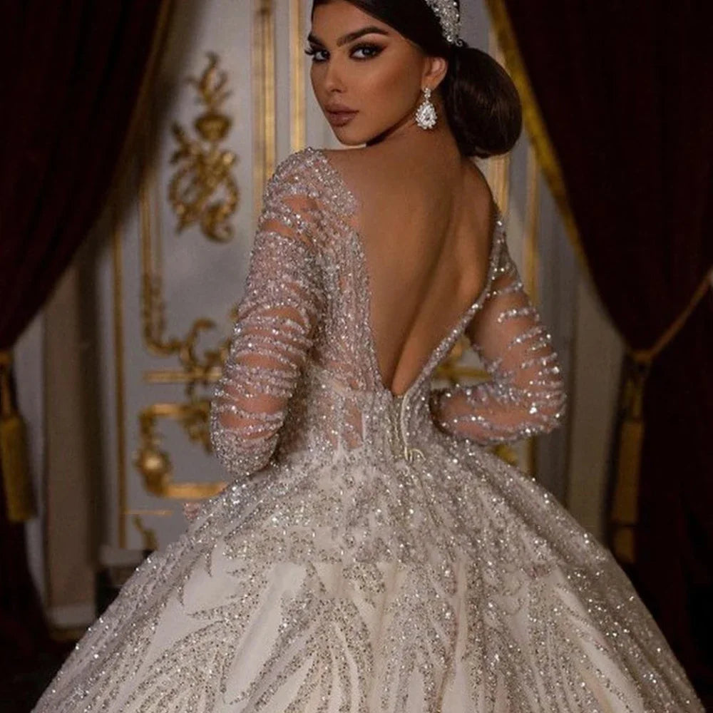 Customized Long Sleeve Shiny Ball Gown Wedding Dresses Sequined Princess Bride Gown Vestido de novia boda amanda novias oficial