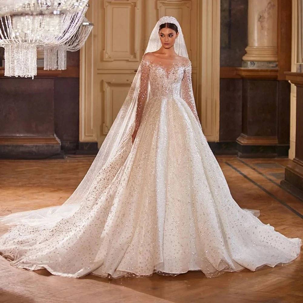 Vestidos De Novia Shining Long Sleeve Ball Gown Wedding Dress Beading Tulle Luxury Hochzeitskleid Button Back Gorgeous Trouwjurk