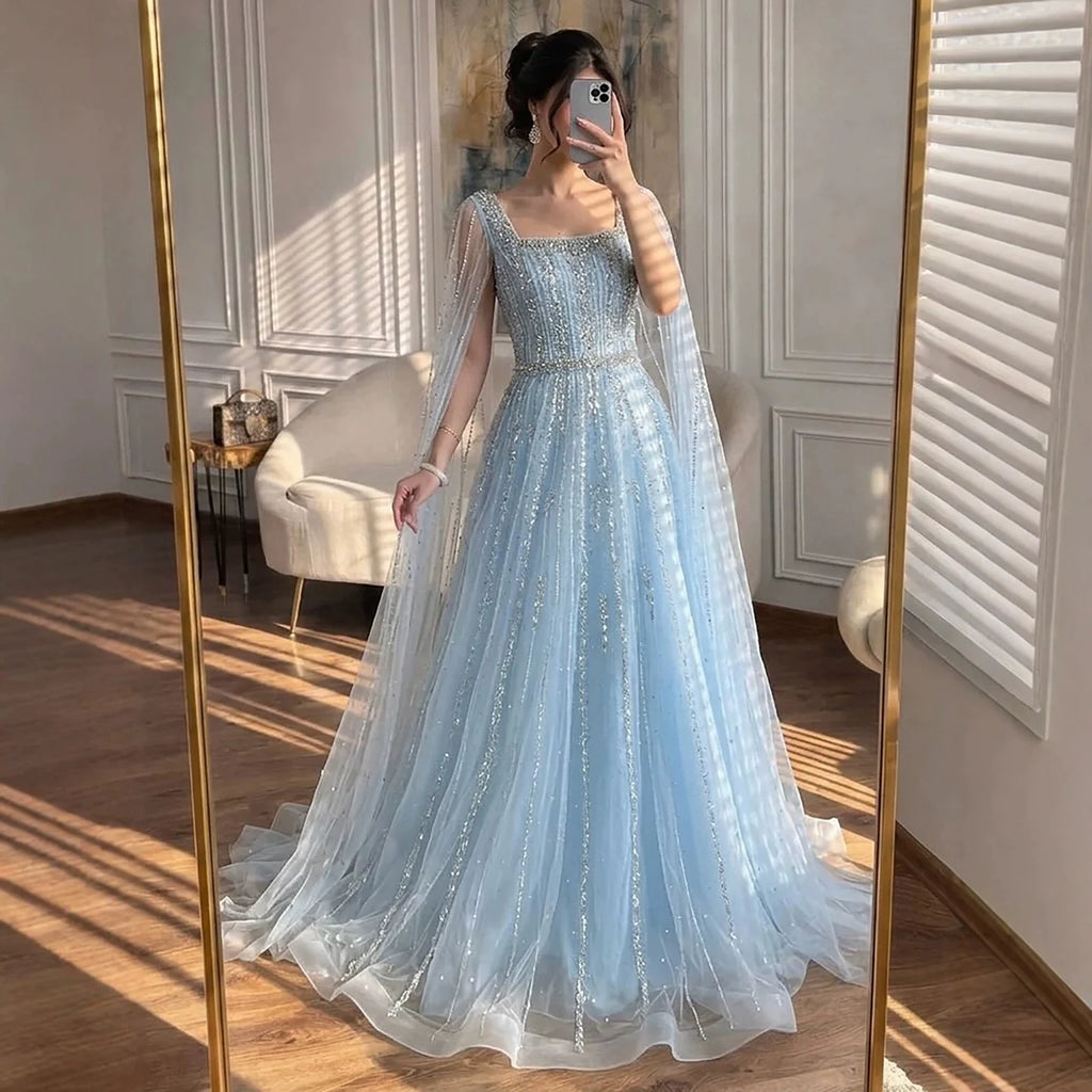 Serene Hill Turquoise Square Collar Beaded Evening Dress with Cape Sleeves Dubai Pary Gowns for Women DLA73188 Customized