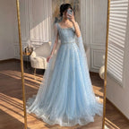 Serene Hill Turquoise Square Collar Beaded Evening Dress with Cape Sleeves Dubai Pary Gowns for Women DLA73188 Customized