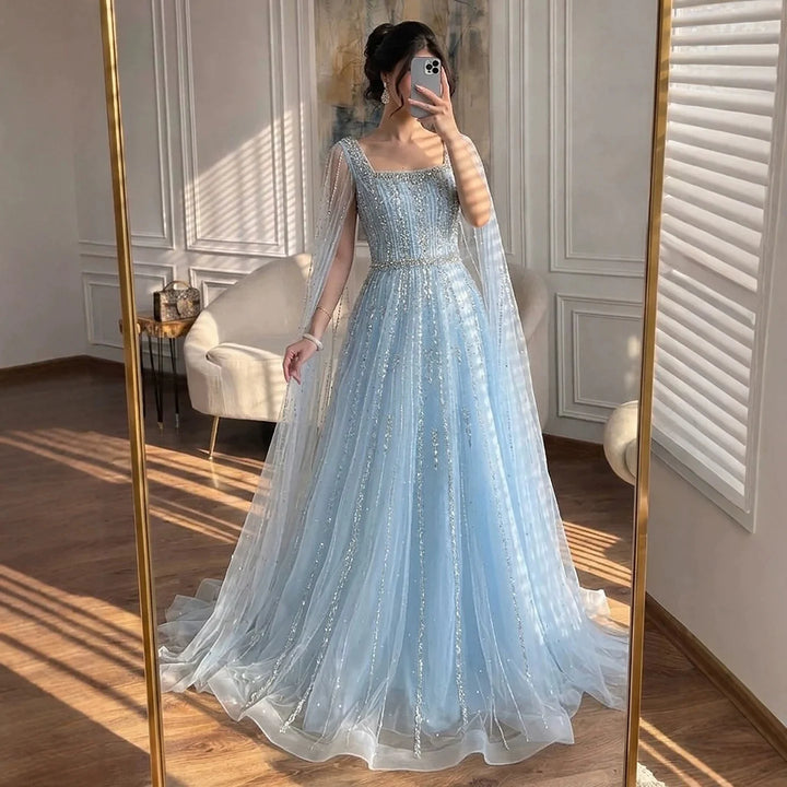 Serene Hill Turquoise Square Collar Beaded Evening Dress with Cape Sleeves Dubai Pary Gowns for Women DLA73188 Customized