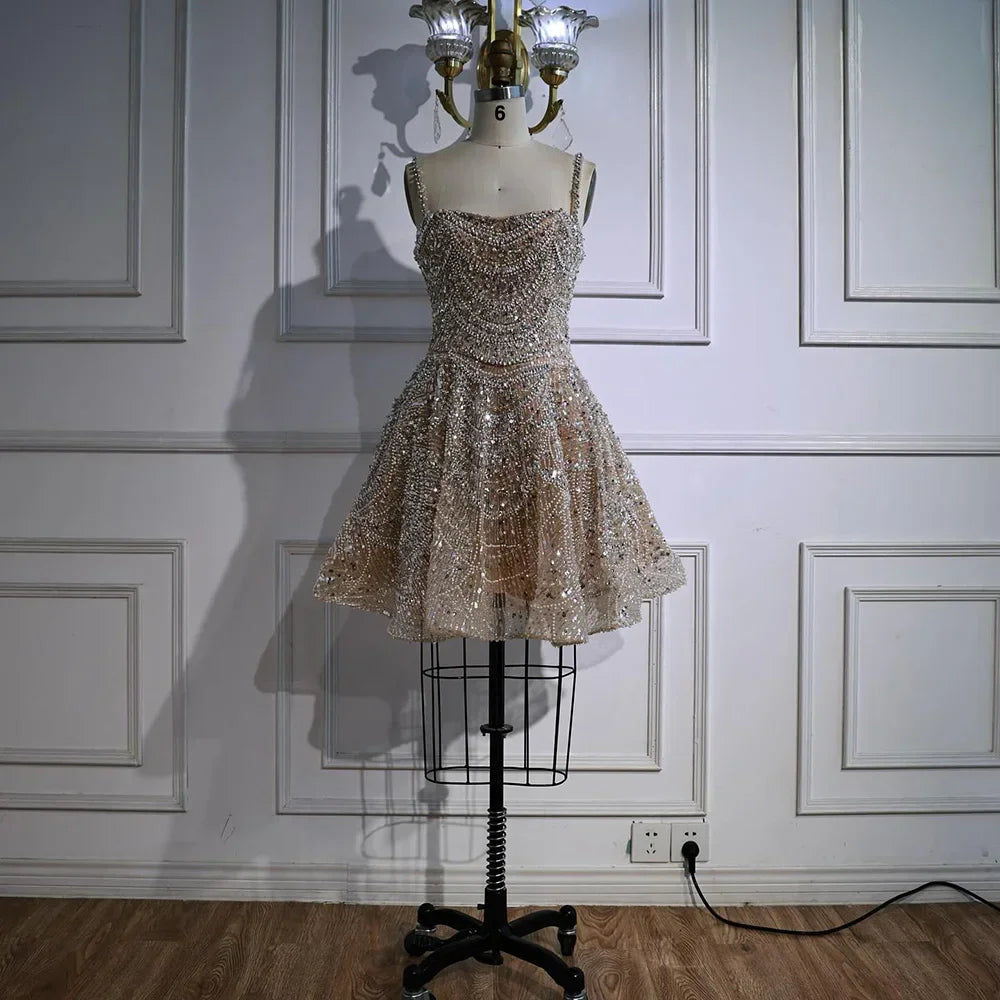 Zapdress Elegant Nude Short Evening Dress A-Line Mini Crystal Cocktail for Women 2025 DLA72983 Customized (ZD17368)
