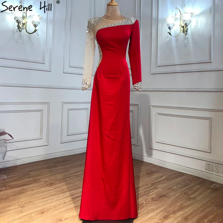 Serene Hill Customized White Satin Long Sleeve Mermaid Simple Beaded Evening Dress Party Gowns For Women Bridal Shower DLA71152