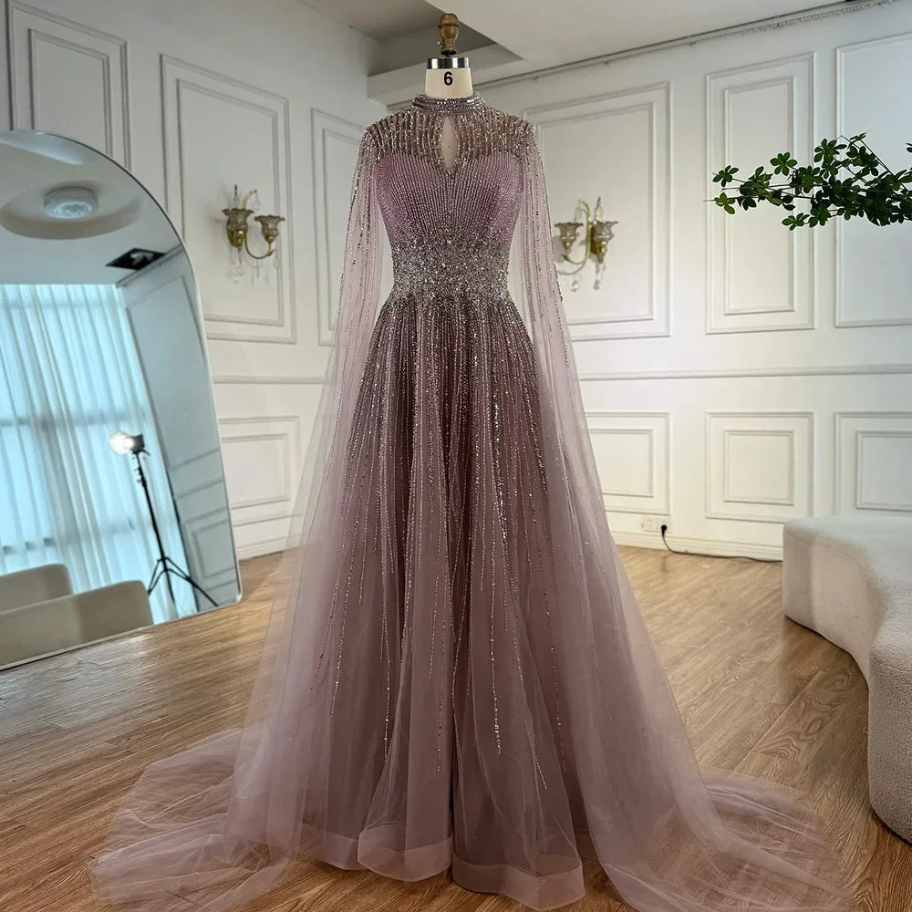 Elegant Modest Blue Beaded Evening Dress with Cape Sleeves Dubai Gown Serene Hill 2025 Customized DLA73059