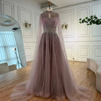 Elegant Modest Blue Beaded Evening Dress with Cape Sleeves Dubai Gown Serene Hill 2025 Customized DLA73059
