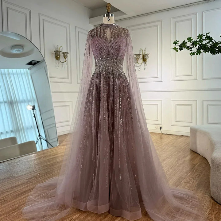 Elegant Modest Blue Beaded Evening Dress with Cape Sleeves Dubai Gown Zapdress 2025 Customized DLA73059