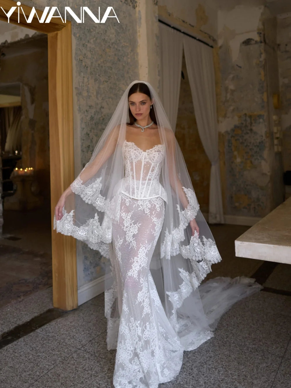 New Sequined Lace Corset Wedding Dress Illusion Vneck Mermaid Bridal Gown Customized Charming Floor-length Dresses For Bride