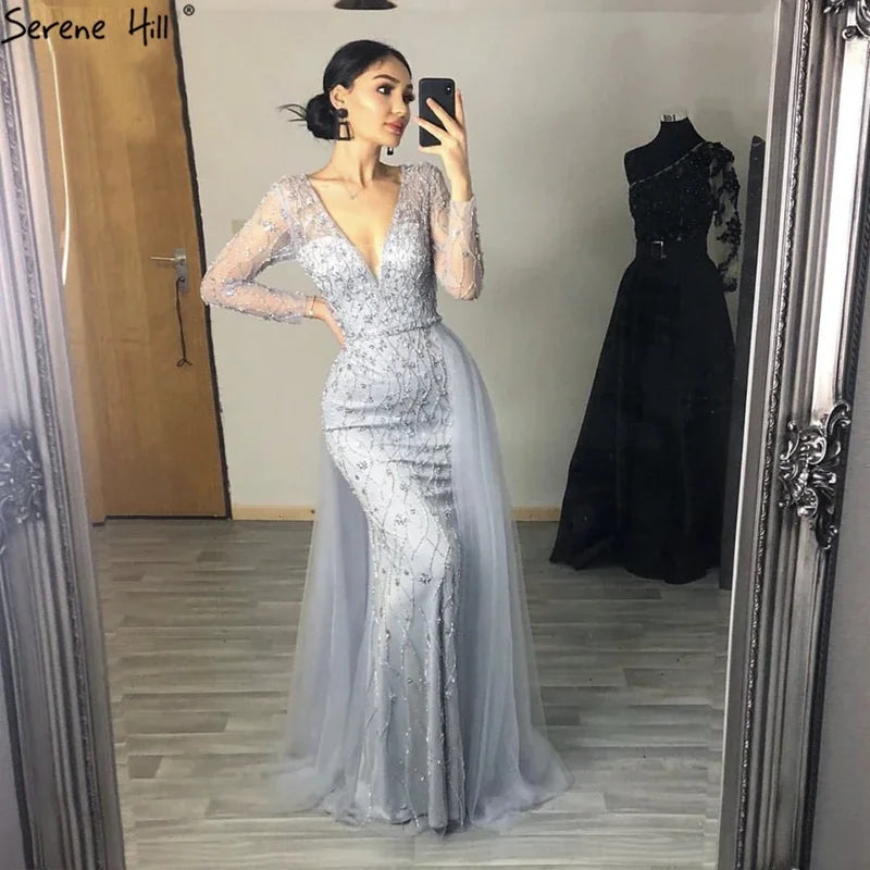 Zapdress Lilac V-Neck Long Sleeves Mermaid Beaded Evening Dress Detachable Overskirt Party Gown for Women (ZD17366)