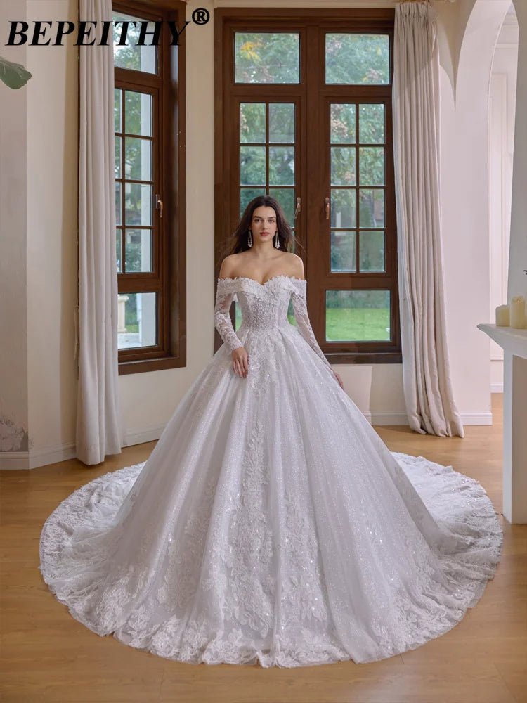 BEPEITHY Customized Princess Off Shoulder Lace Wedding Dresses For Plus Size Women Long Sleeves Bride Vintage Bridal Gown 2026