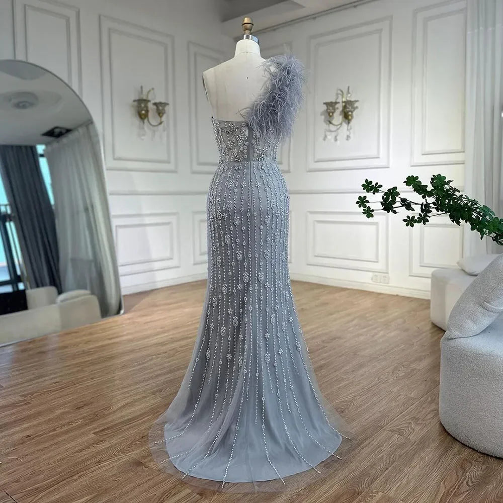 Zapdress Gray Mermaid One Shoulder High Split Beaded Feather Evening Dress Party Gowns for Women DLA72347 Customized (ZD17357)