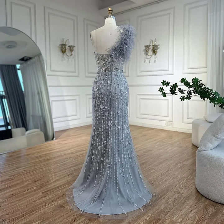 Serene Hill Gray Mermaid One Shoulder High Split Beaded Feather Evening Dress Party Gowns for Women DLA72347 Customized