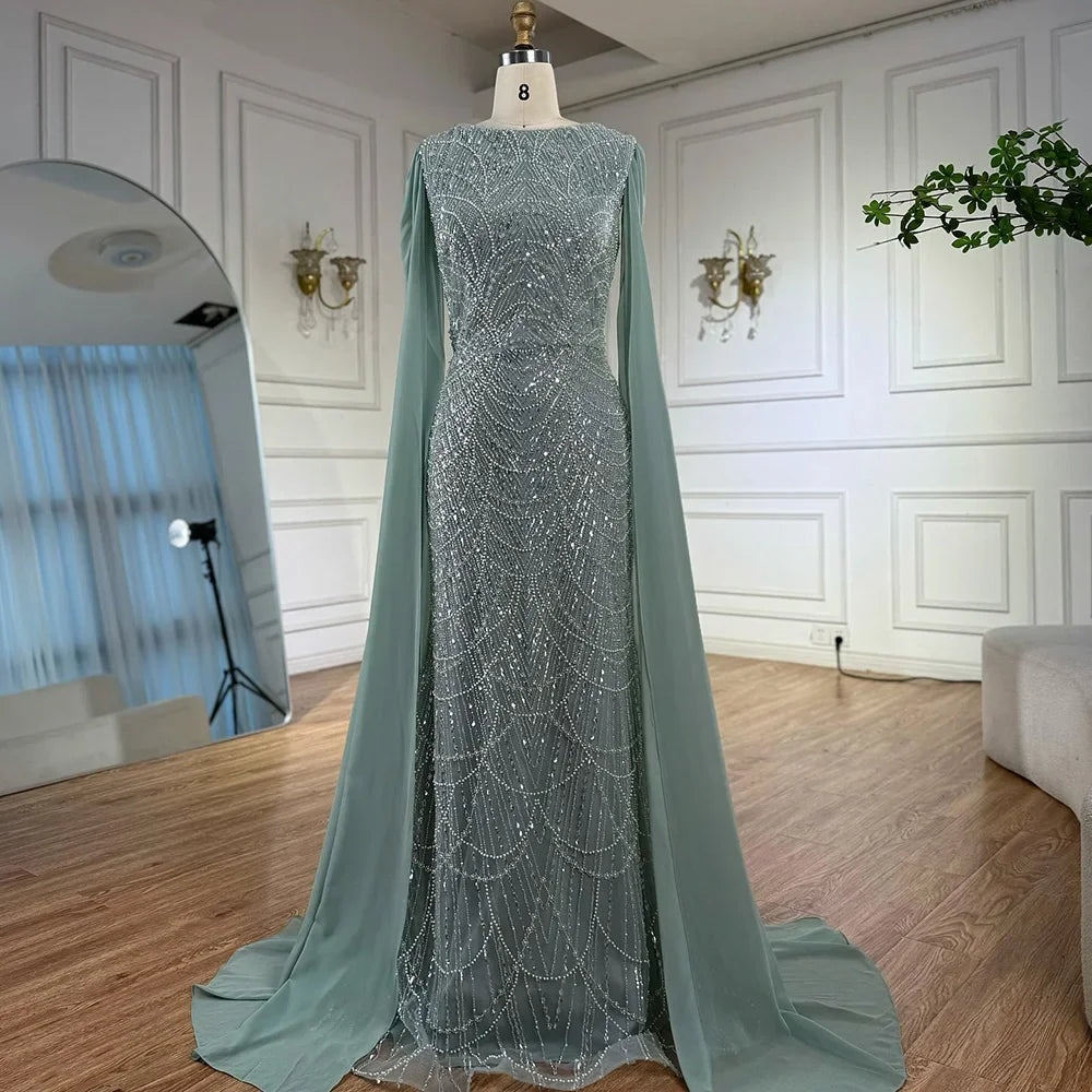 Elegant Dubai Sage Green Mermaid Evening Dress with Cape Sleeves Beaded Formal Gown Zapdress 2025 Customized DLA72160A (ZD17330)