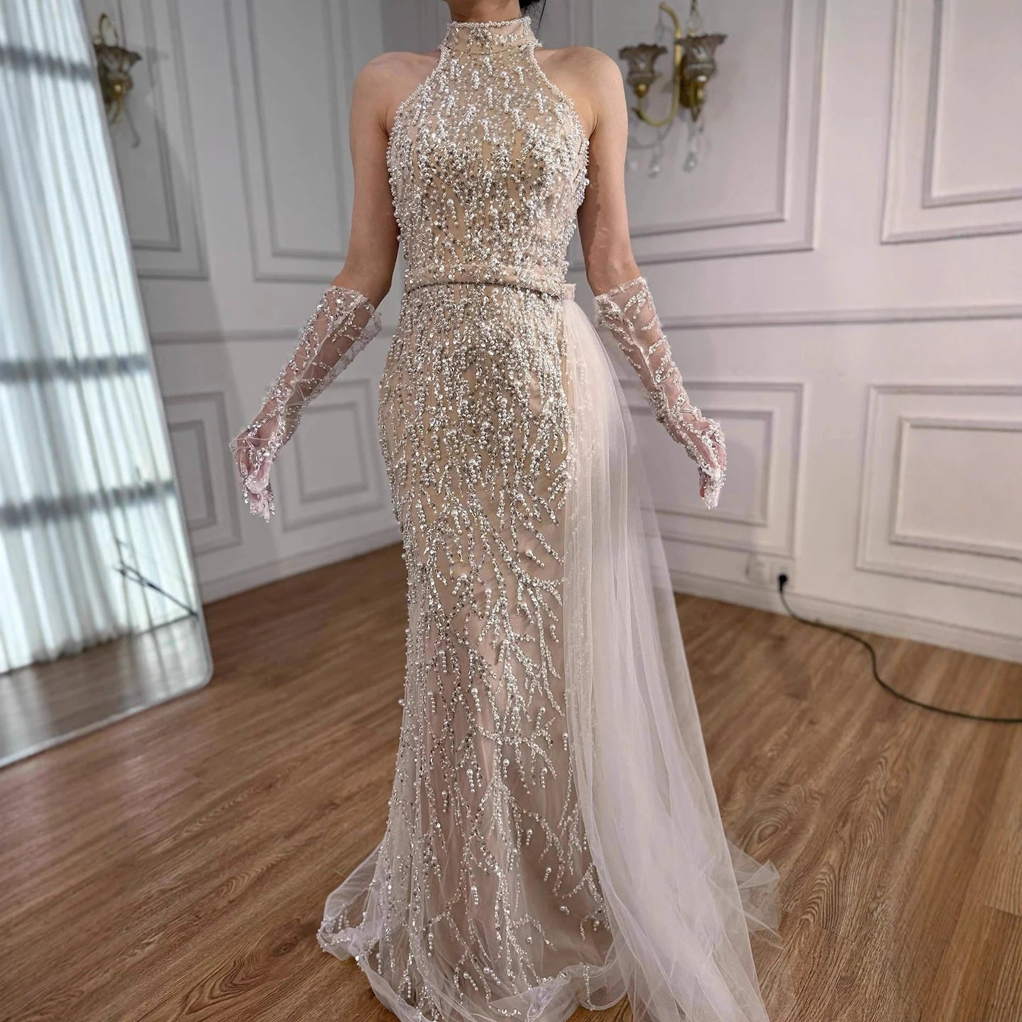 Zapdress White Nude Pearls Halter Mermaid Evening Gowns with Gloves Formal Party Dresses for Women 2026 Customized DLA72345F (ZD17349)