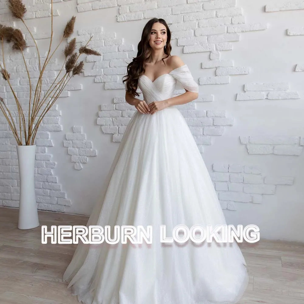 HERBURN Trendy Pleated Wedding Dresses New Arrival Appliques A-line Lace up Sleeveless Robe De Soiree De Mariage Customized