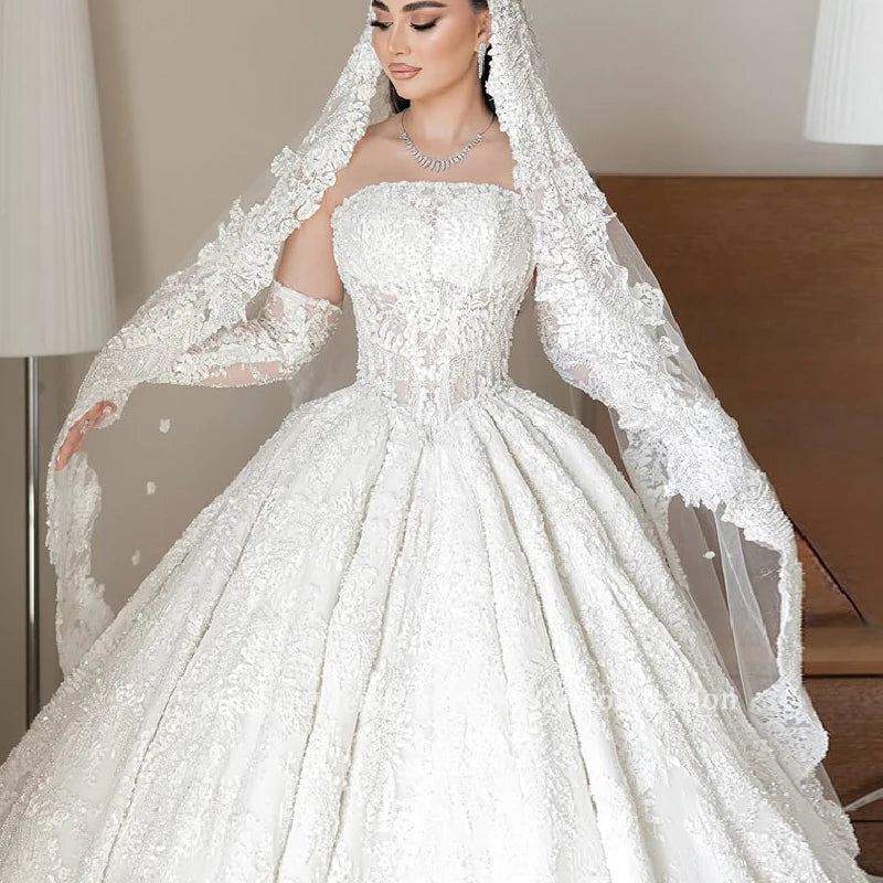 Mocaca Customized Luxury Sequins Lace Applique Ball Gown Wedding Dress Off Shoulder Appliques Long Sleeve Bridal Gown