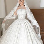 Mocaca Customized Luxury Sequins Lace Applique Ball Gown Wedding Dress Off Shoulder Appliques Long Sleeve Bridal Gown
