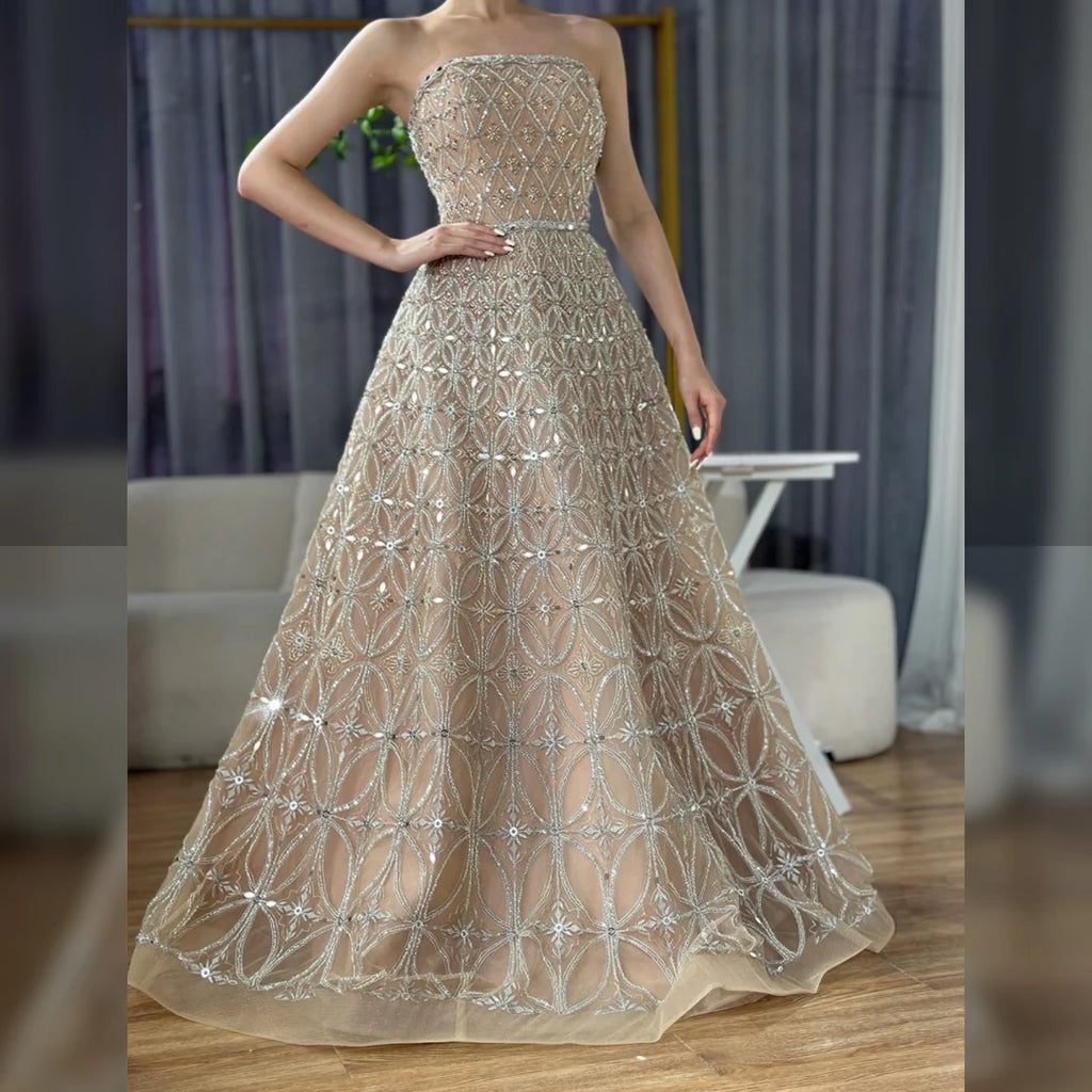 Zapdress Customized 2026 Caramel Strapless A Line Beaded Evening Prom Dresses Elegant Party Gowns for Women (ZD17386)