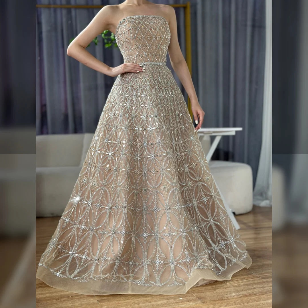 Zapdress Customized 2026 Caramel Strapless A Line Beaded Evening Prom Dresses Elegant Party Gowns for Women (ZD17386)