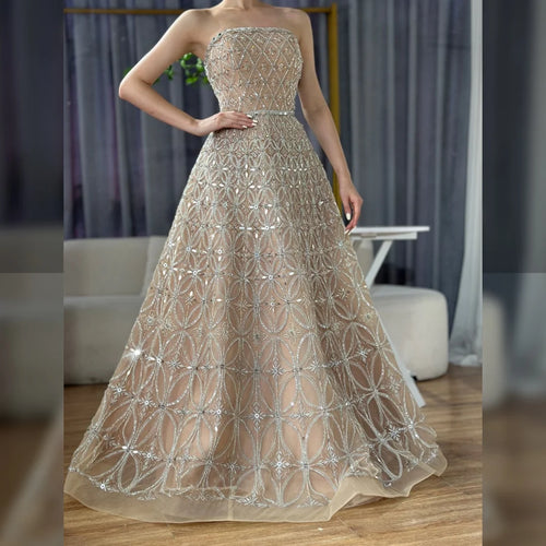 Zapdress Customized 2026 Caramel Strapless A Line Beaded Evening Prom Dresses Elegant Party Gowns for Women (ZD17386)