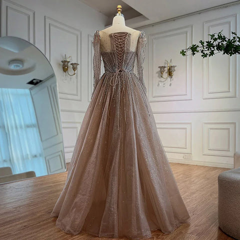 Luxury Caramel Sparkly A-Line Evening Dress with Long Sleeves LA72991