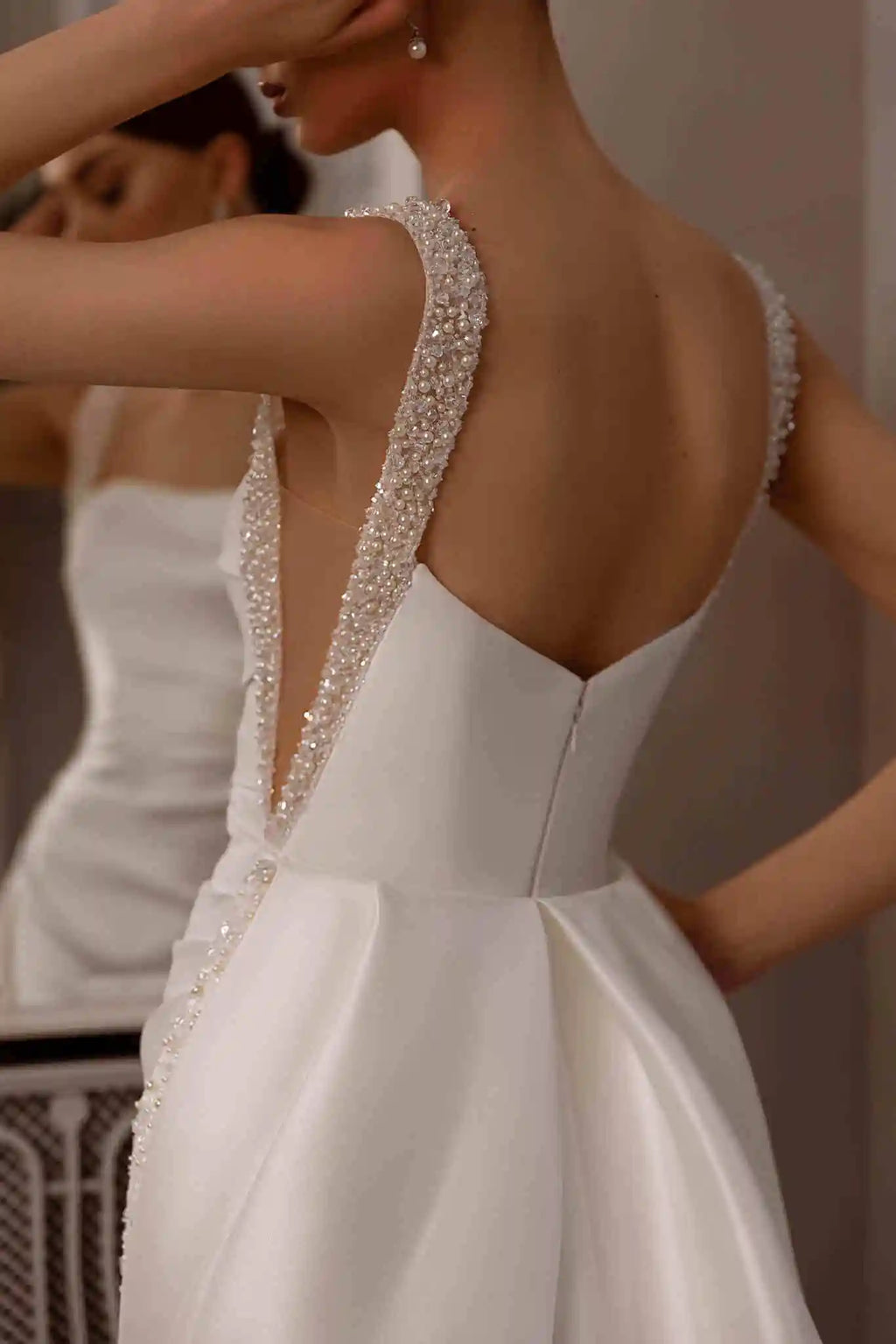 ZapDress Customized Elegant Satin Square Collar 2 In 1 Mermaid Wedding Dresses Beading Pearls Lace Sleeveless Bridal Gown