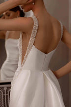 ZapDress Customized Elegant Satin Square Collar 2 In 1 Mermaid Wedding Dresses Beading Pearls Lace Sleeveless Bridal Gown