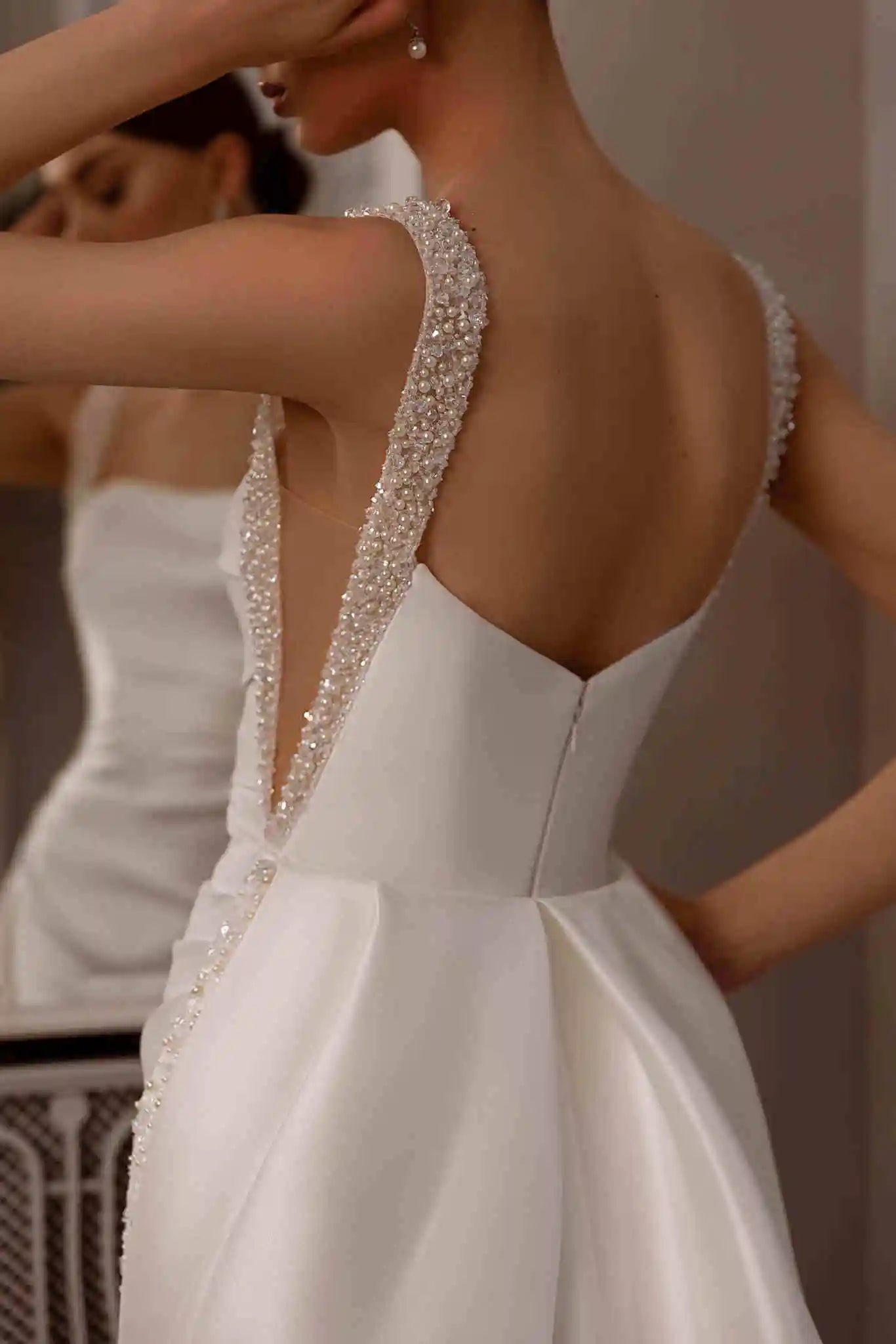 ZapDress Customized Elegant Satin Square Collar 2 In 1 Mermaid Wedding Dresses Beading Pearls Lace Sleeveless Bridal Gown