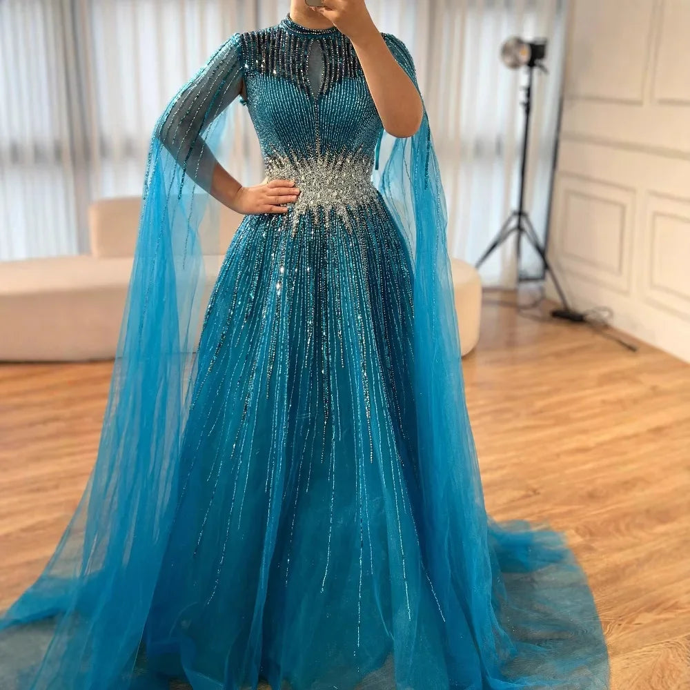 Elegant Modest Blue Beaded Evening Dress with Cape Sleeves Dubai Gown Zapdress 2025 Customized DLA73059