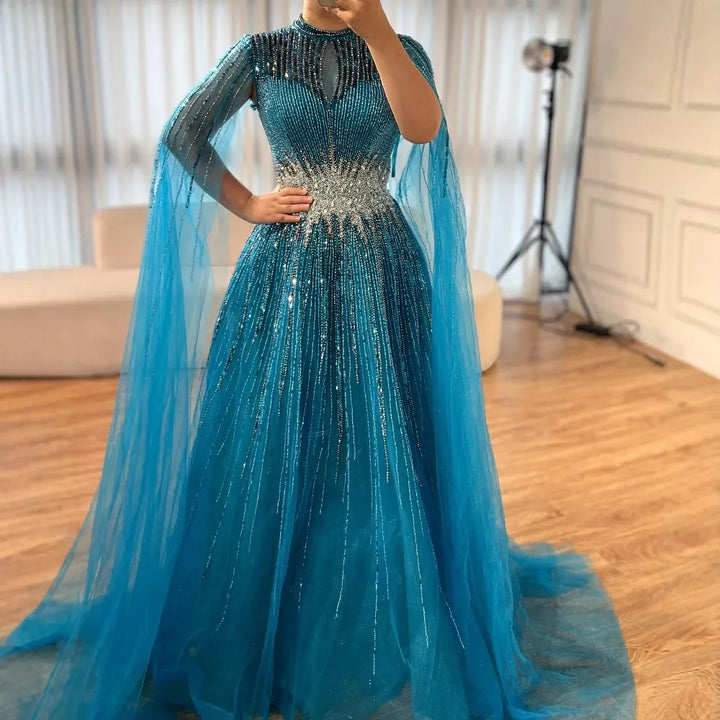 Elegant Modest Blue Beaded Evening Dress with Cape Sleeves Dubai Gown Zapdress 2025 Customized DLA73059