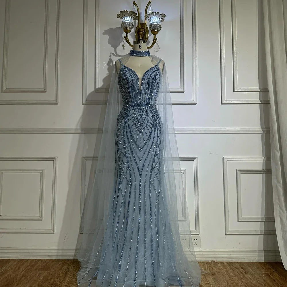 Zapdress 2025 Customized Dubai Caramel Mermaid Arabic Evening Dresses with Beaded Cape Sleeves for Party (ZD17351)