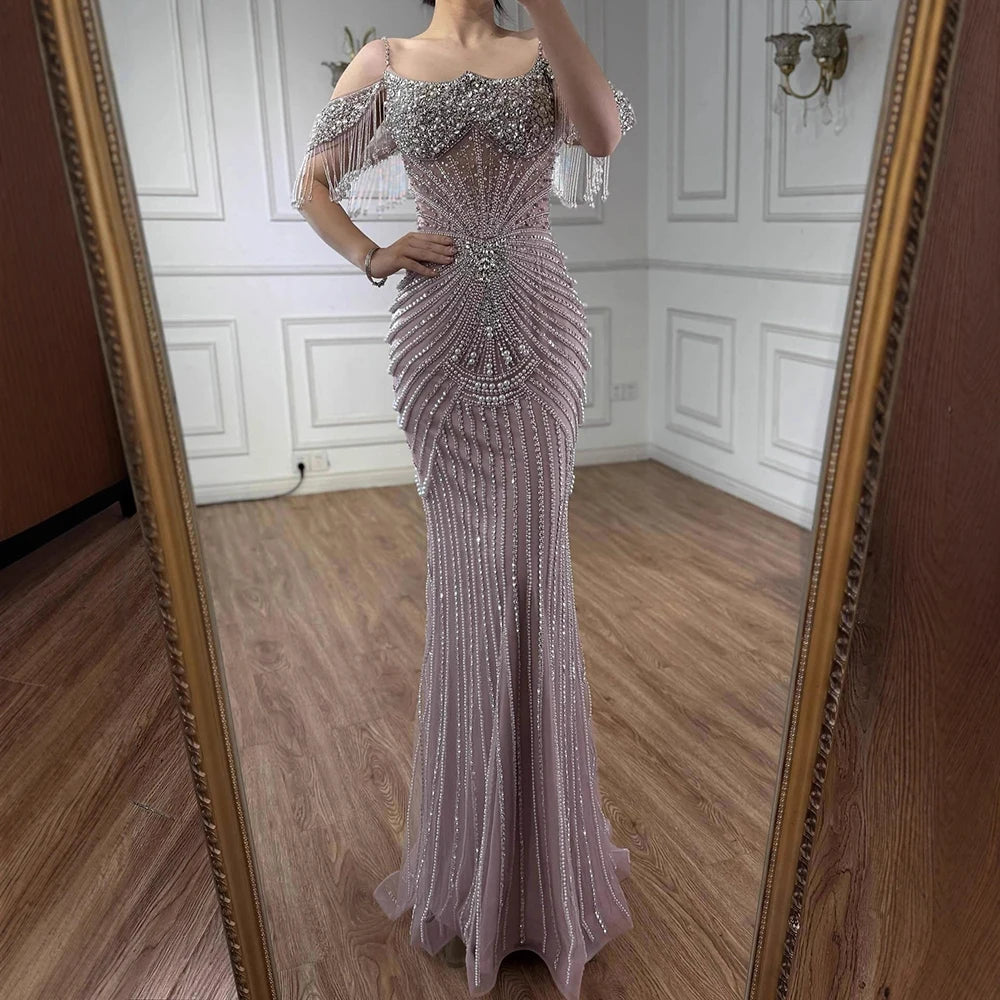 Zapdress 2025 Customized Pink Off Shoulder Mermaid Evening Dress Luxury Beaded Party Gowns for Women (ZD17359)