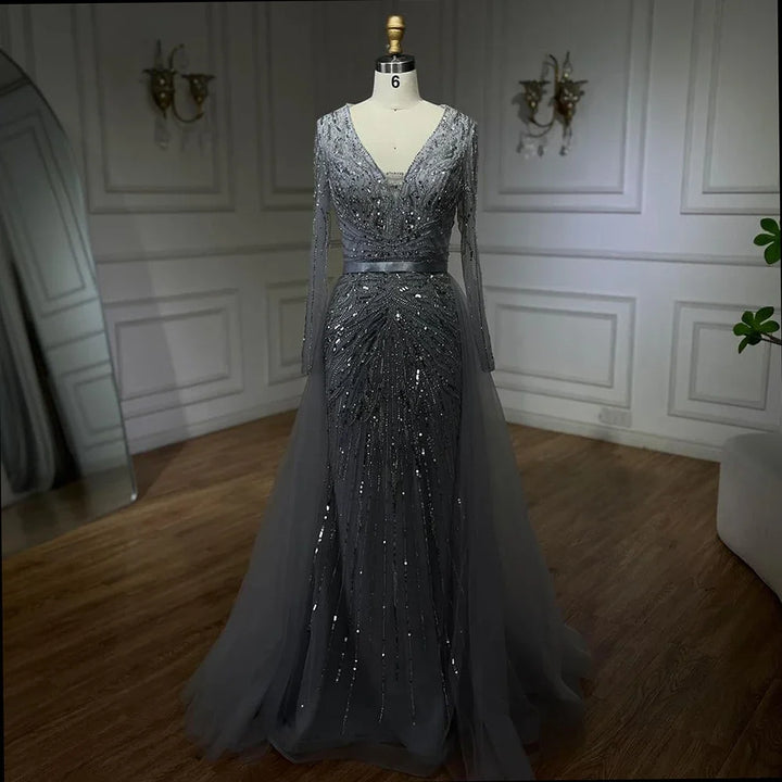 Serene Hill Customized Turquoise Long Sleeves Mermaid Beaded Evening Dresses Overskirt Party Gowns For Women DLA72239A