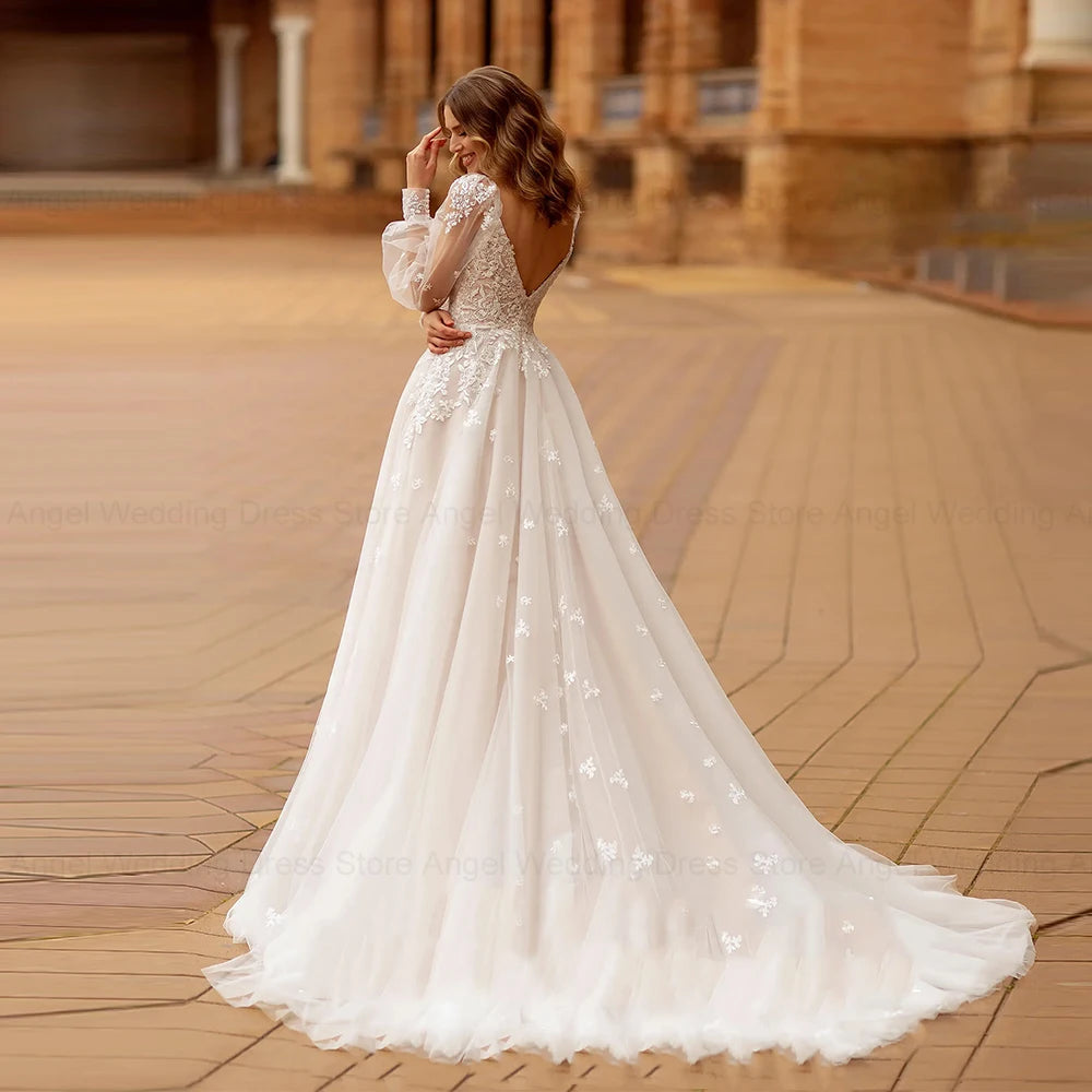 ANGEL Boho A-Line Lace Wedding Dresses Customized For Woman Long Puff Sleeves Tulle Bridal Gowns Applique Bride Dress Plus Size