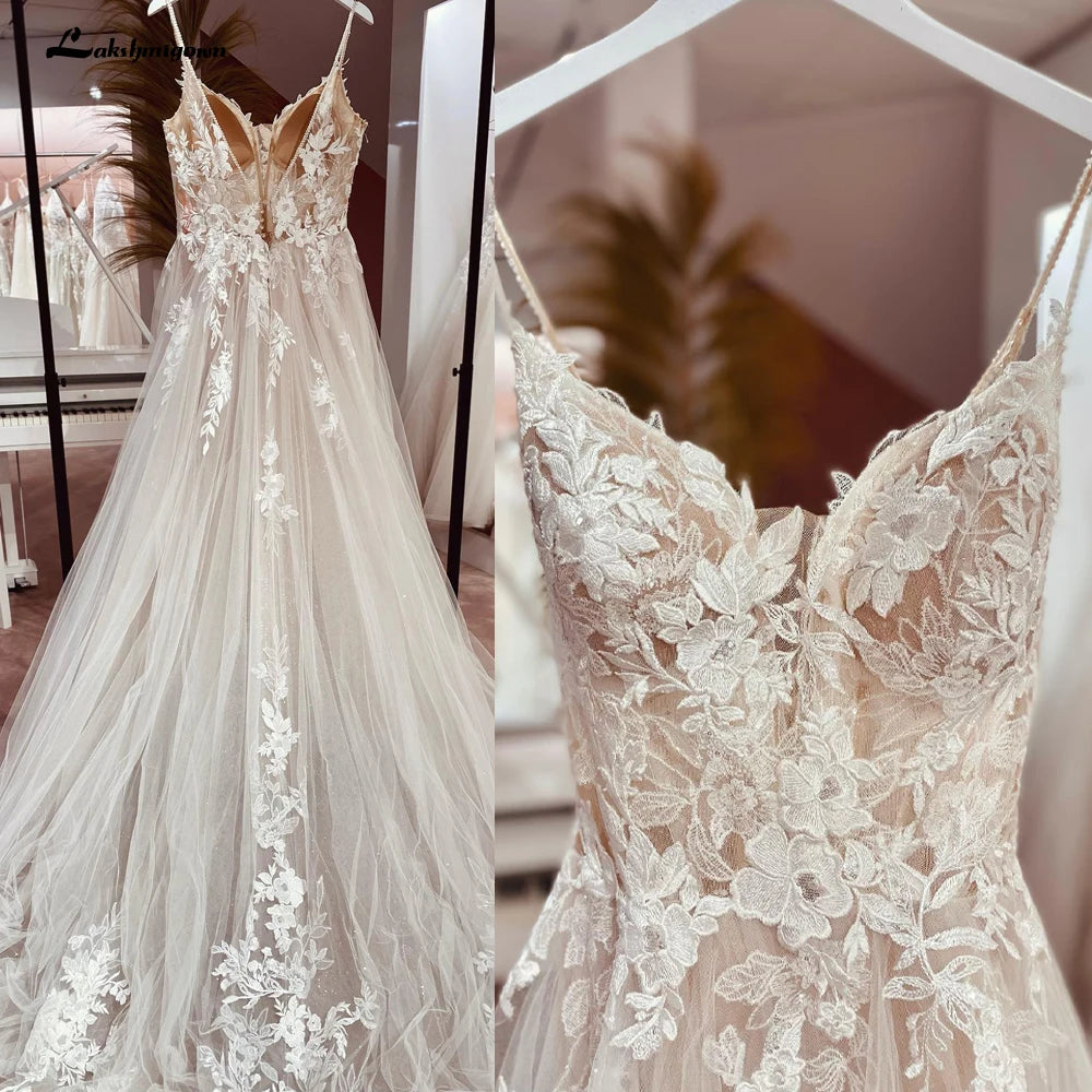 ZapDress Spaghetti Straps Lace Wedding Dress Open Back Civil Bridal Bohemian Wedding Gowns Customized Vestidos de Nova