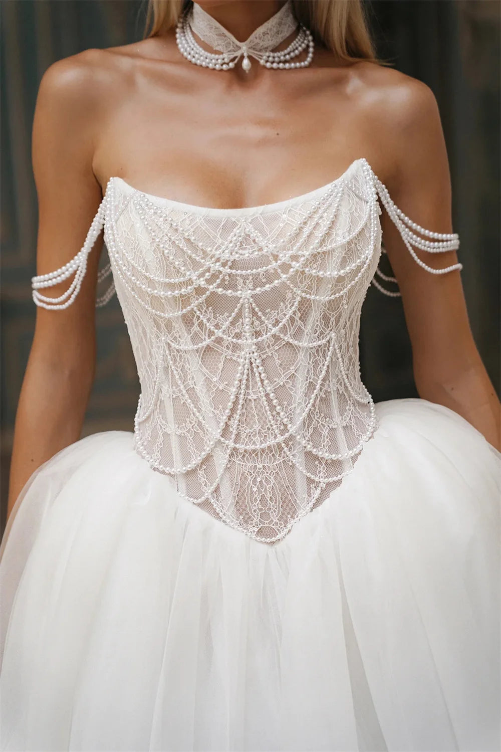 Kyoto Customized White Off-the-Shoulder Pearl Chain Wedding Dress A-Line Lace-Up vestidos de noche Court Train robe de mariée