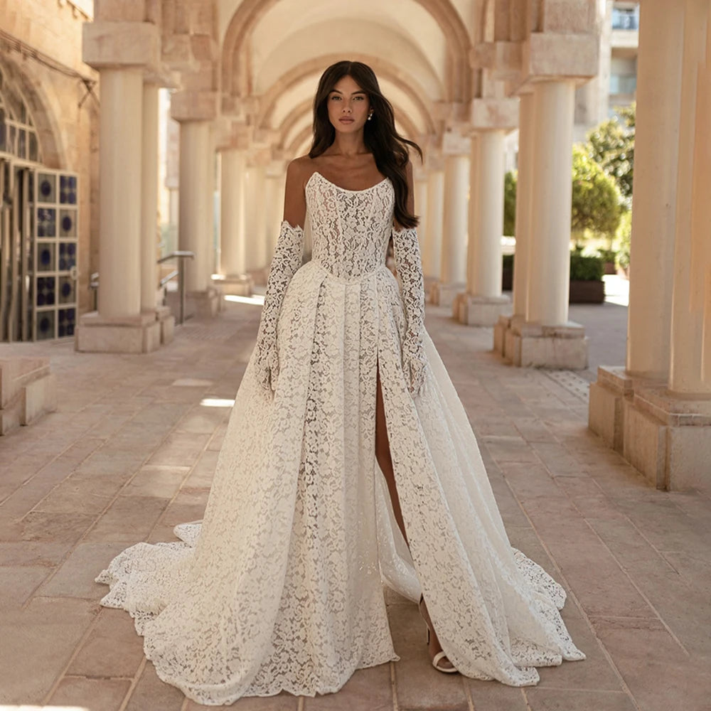 Fashion Full Lace Wedding Dress 3/4 Sleeve Strapless Gown with Front Split Custom Made Vestido De Noiva