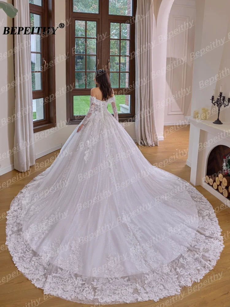 BEPEITHY Customized Princess Off Shoulder Lace Wedding Dresses For Plus Size Women Long Sleeves Bride Vintage Bridal Gown 2026