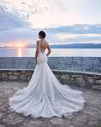 Customized Sweetheart Lace Appliques Sleeveless Mermaid Evening Gowns Backless Zipper Wedding Dress vestidos de novia