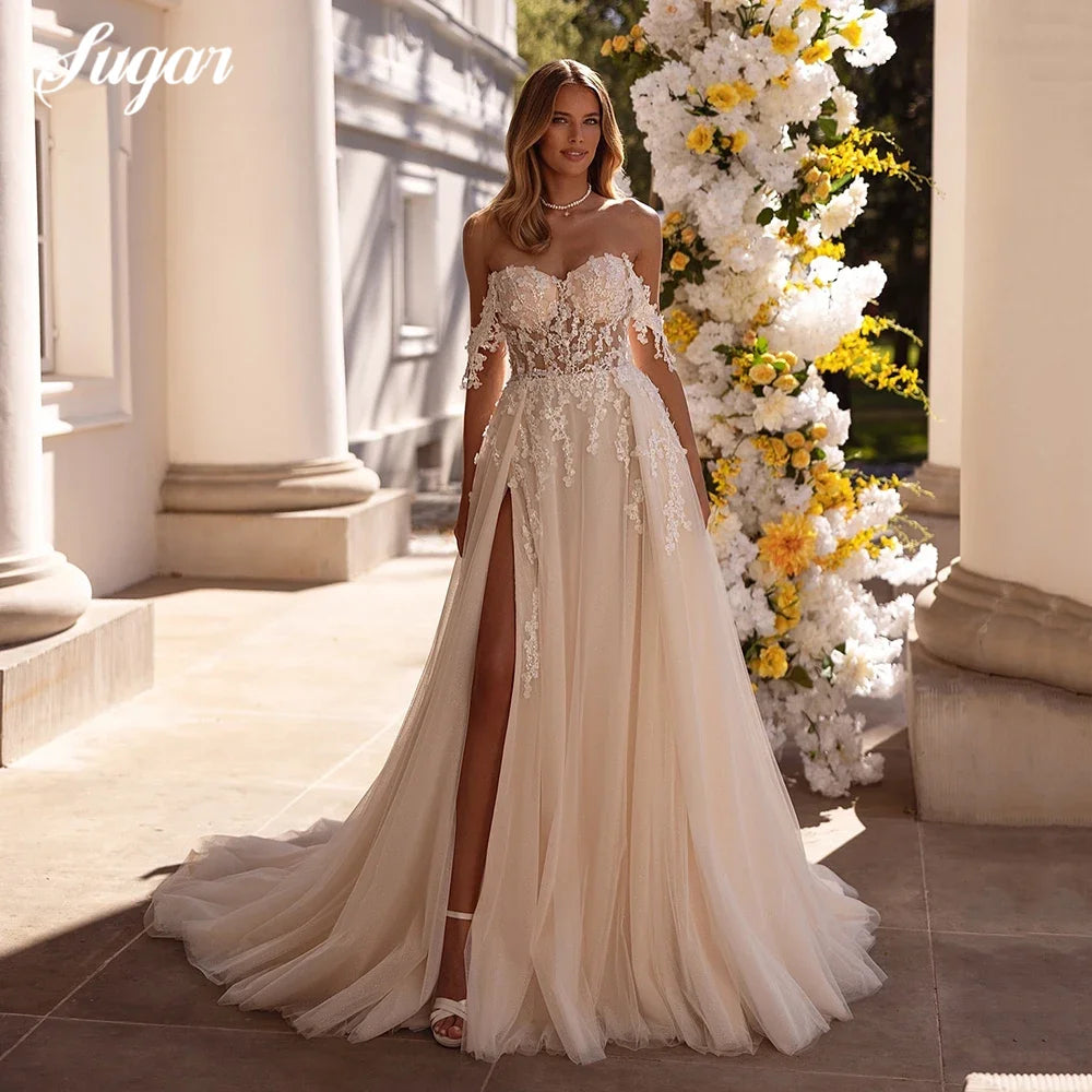 Luxury Brides Dress 2025 Sweetheart Off Shoulder High Slit Corset Wedding Dresses Lace Appliques Boho Bridal Gown Customized
