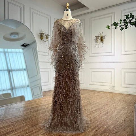 Luxury Caramel Feather Beaded Mermaid Evening Dress LA71866