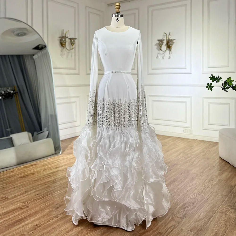 Serene Hill 2025 Champagne Mermaid Luxury Cape Sleeves Beaded Satin Saudi Evening Dresses Gowns for Party DLA72317A Customized