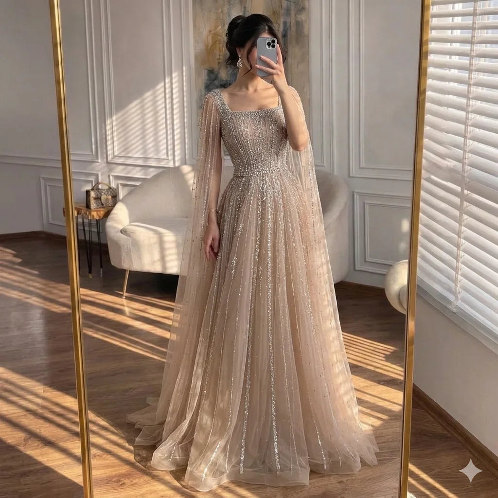 Serene Hill Turquoise Square Collar Beaded Evening Dress with Cape Sleeves Dubai Pary Gowns for Women DLA73188 Customized